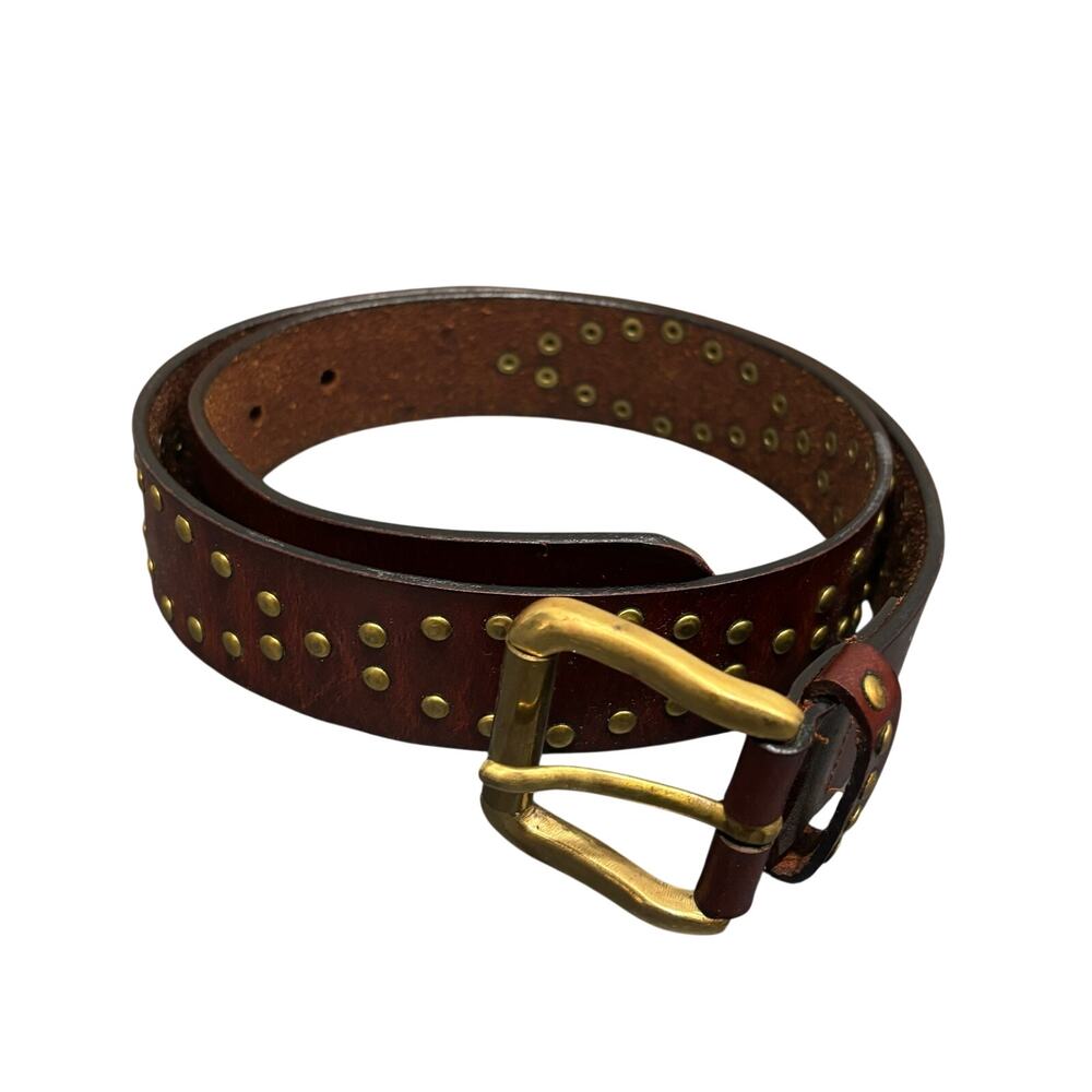 Chico's Brown Leather Belt With Brass Buckle & Rivets - One Size